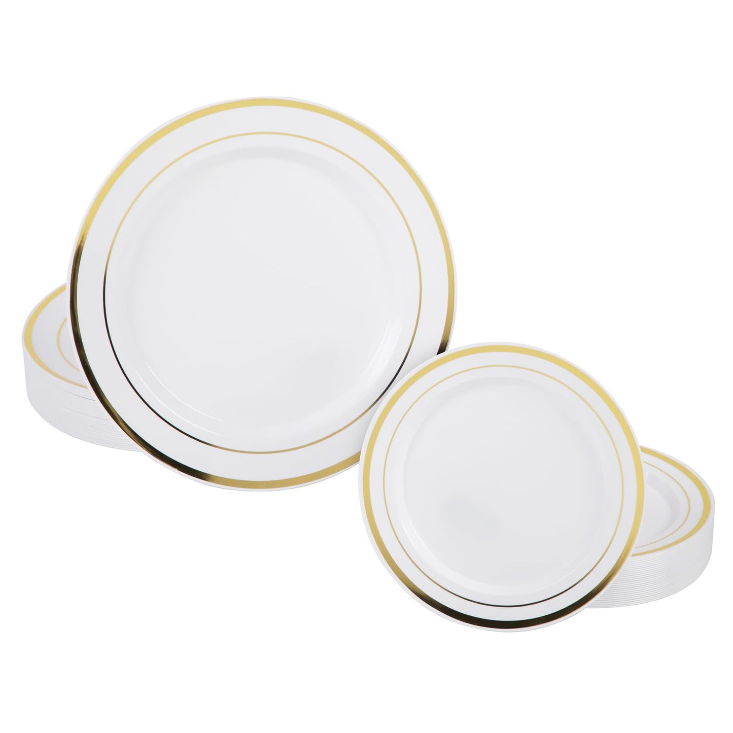 Prestee 50-Piece Disposable Plates Set - White with Gold Rimmed Plastic Plate for Parties, Holidays, Weddings - Includes 25 Dinner Plates and 25 Small