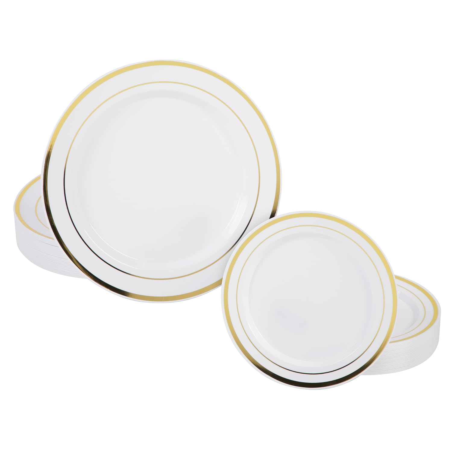 Prestee 50-Piece Disposable Plates Set - White with Gold Rimmed Plastic Plate for Parties, Holidays, Weddings - Includes 25 Dinner Plates and 25 Small