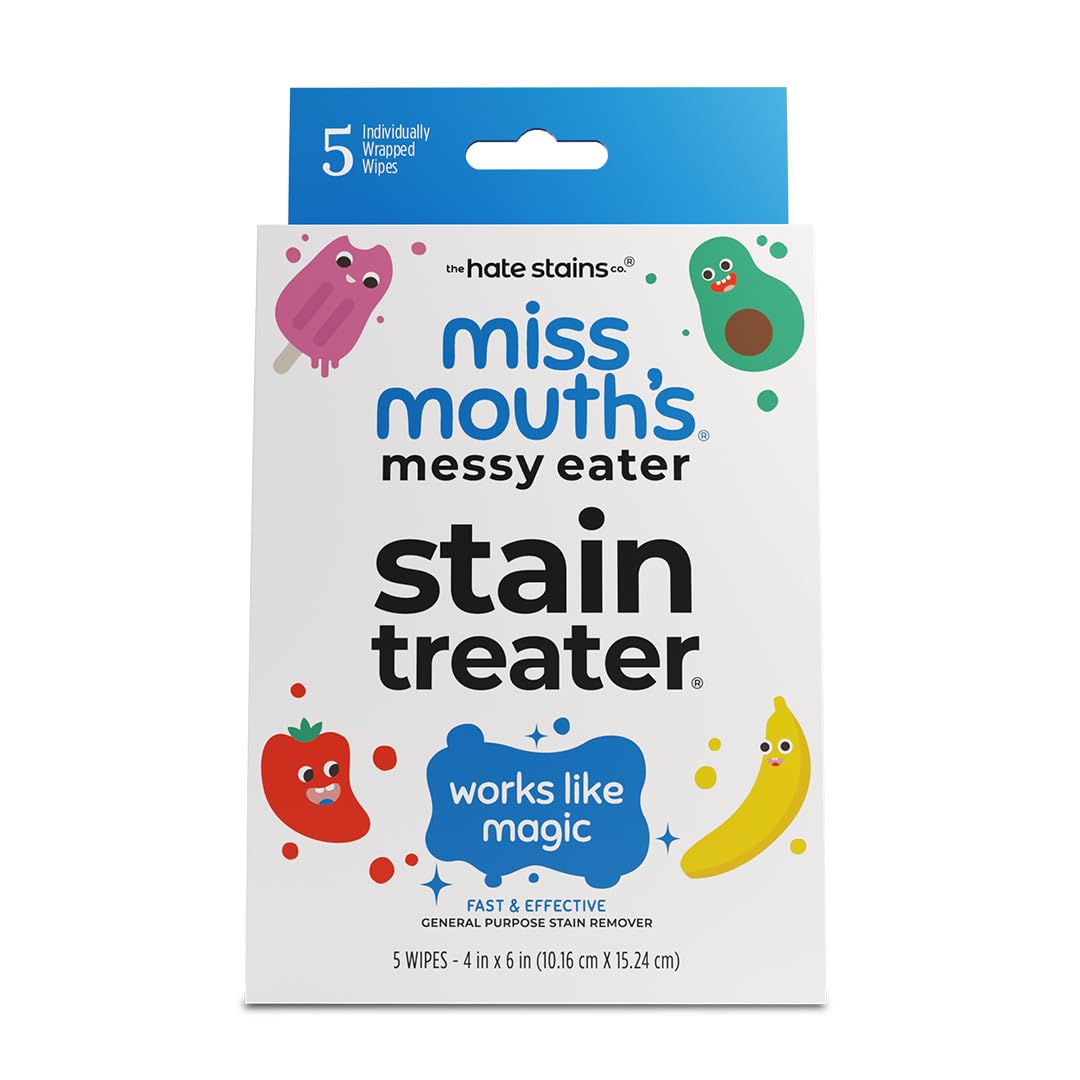 Miss Mouth's Stain Remover Wipes - Pack of 5, Unscented - Fast-Acting Messy Eater Stain Treater - Baby Food & Formula Cleanup - Travel Essentials