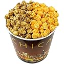 Signature Popcorn - 1-Gallon Gold Chicago Skyline Reusable Bucket Tin, Half Caramel and Half Cheddar Gourmet Popcorn, Gluten-Free Snack, Holiday