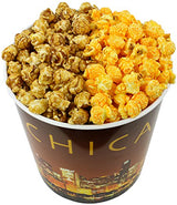 Signature Popcorn - 1-Gallon Gold Chicago Skyline Reusable Bucket Tin, Half Caramel and Half Cheddar Gourmet Popcorn, Gluten-Free Snack, Holiday