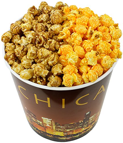 Signature Popcorn - 1-Gallon Gold Chicago Skyline Reusable Bucket Tin, Half Caramel and Half Cheddar Gourmet Popcorn, Gluten-Free Snack, Holiday