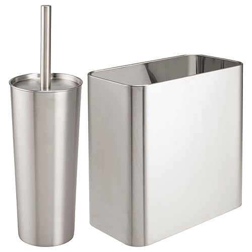 mDesign Modern Compact Freestanding MetalToilet Bowl Brush and Rectangle Open Wastebasket Garbage Can Combo Set for Bathroom Storage - Sturdy, Deep