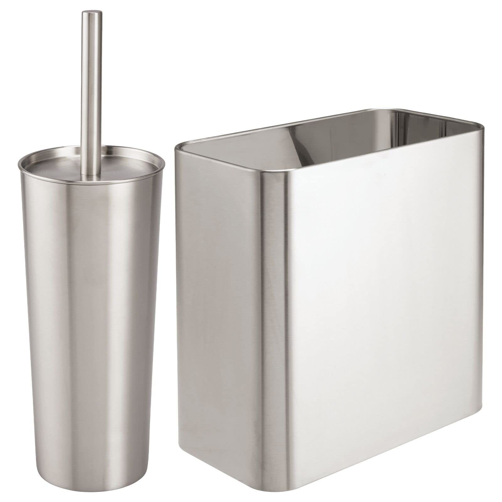 mDesign Modern Compact Freestanding MetalToilet Bowl Brush and Rectangle Open Wastebasket Garbage Can Combo Set for Bathroom Storage - Sturdy, Deep