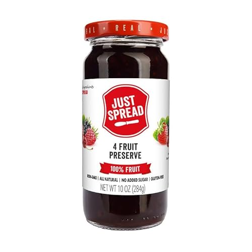 Just Spread 100% Fruit Preserve | Made with Real Fruit Pieces & Only 4 Ingredients | Gluten Free, Vegan, Non GMO, No Added Sugar | 10oz Jar (4 Flavor