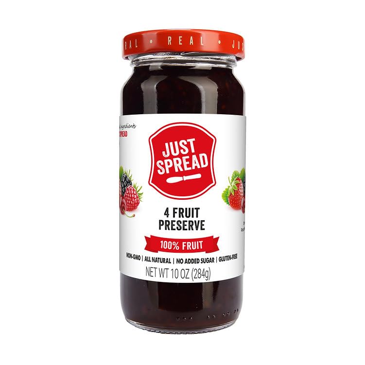 Just Spread 100% Fruit Preserve | Made with Real Fruit Pieces & Only 4 Ingredients | Gluten Free, Vegan, Non GMO, No Added Sugar | 10oz Jar (4 Flavor