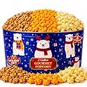2 Gallon Christmas Popcorn Tin - 3 Flavor Gourmet Holiday Gift Basket - Caramel, Cheddar Cheese & Butter Popcorn - Large Festive Snack Gift