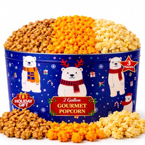 2 Gallon Christmas Popcorn Tin - 3 Flavor Gourmet Holiday Gift Basket - Caramel, Cheddar Cheese & Butter Popcorn - Large Festive Snack Gift