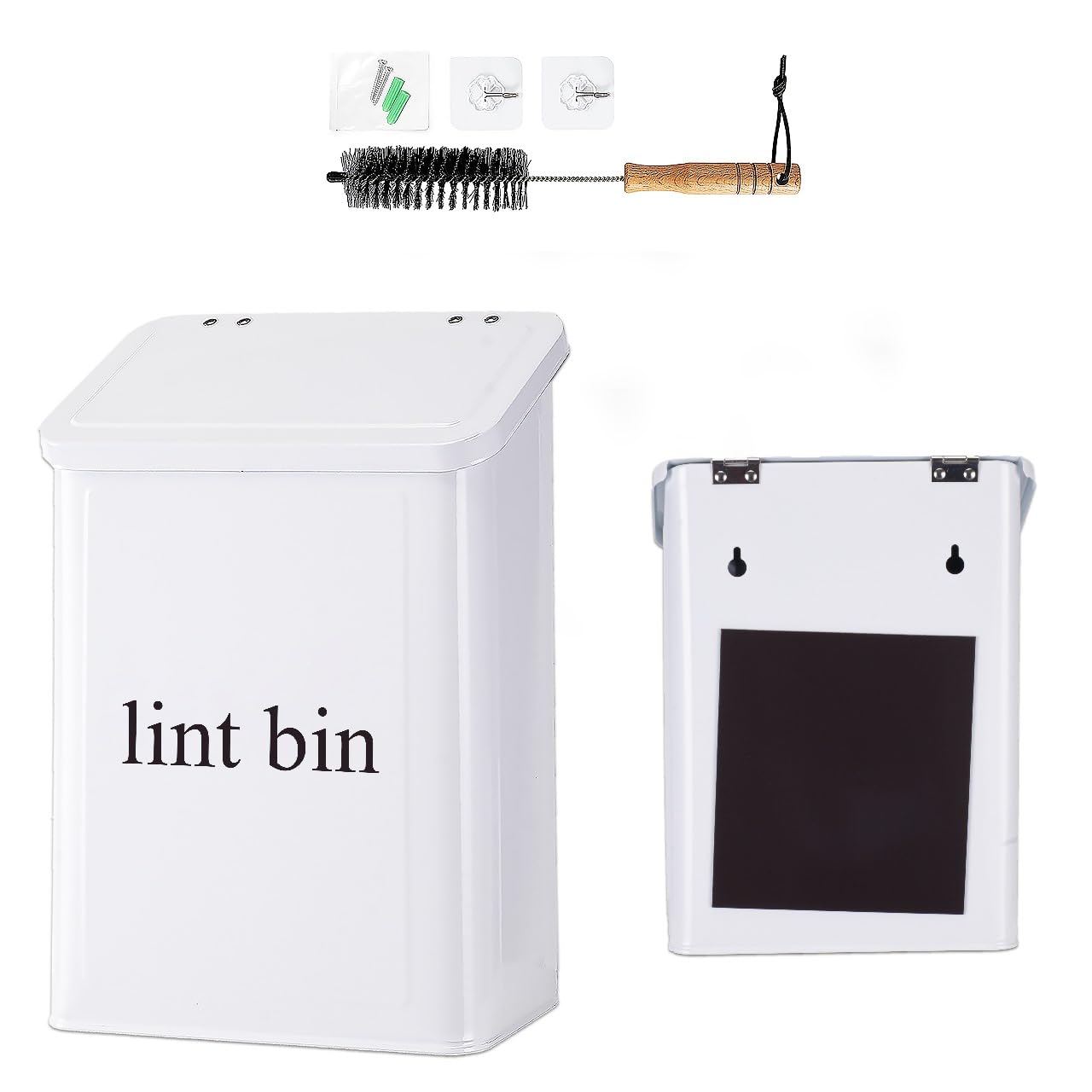 Magnetic Lint Bin with Lint Brush, Two White Hooks, one Black Back Side Hook & All Accessories for Laundry Room Decor, Wall-Mounted Lint Bin with Lid