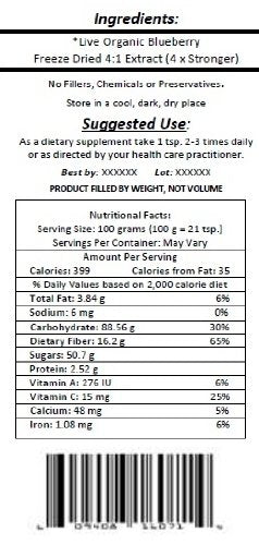 Virgin Extracts (TM) Pure Premium Organic Freeze Dried Blueberry Powder Extract 4:1 Concentrate (4 X Stronger) Superfood 8oz Pouch