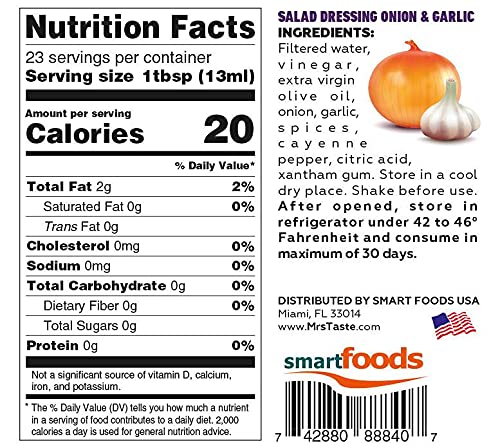 Mrs Taste Sugar Free Onion & Garlic Salad Dressing, Zero Calories, Zero Sodium, Zero Sugar, High Fiber, Keto Friendly, Paleo Friendly, Condiments