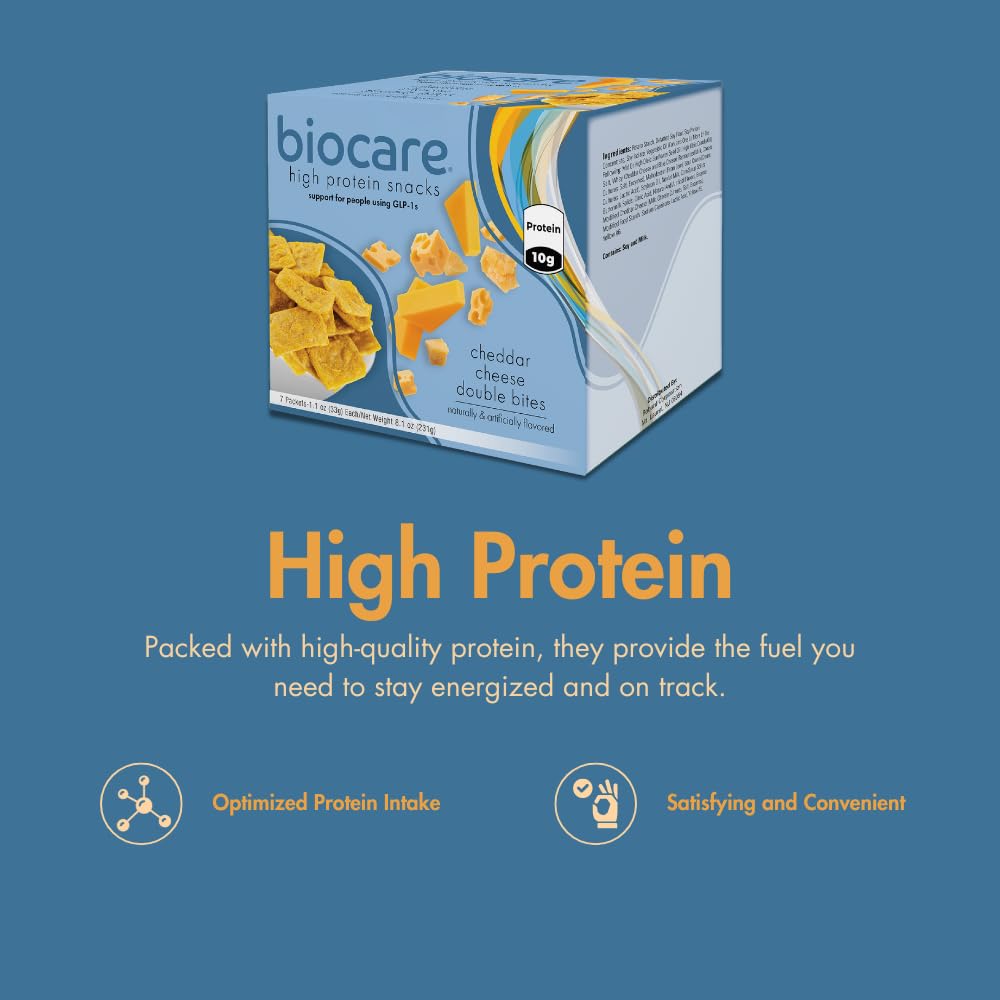 Biocare High Protein Snack for GLP-1 Users, Provides 10g Essential Protein, Cheddar Cheese Double Bites, (7 Count)
