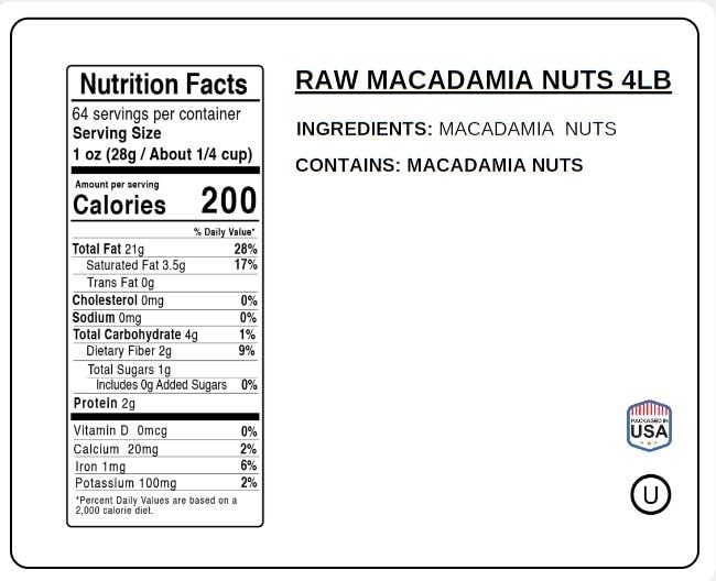 Raw Macadamia Nuts 4 Pounds - Unsalted, Whole Jumbo Size | Healthy Keto & Vegan Snack, High Protein | Resealable Bulk Bag for Baking, Cooking