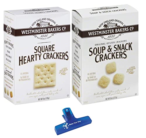 Westminster Bakers Company, Square Hearty Crackers and Soup & Snack Crackers, 6-8 Ounce Box (Pack of 4) - with Make Your Day Bag Clip