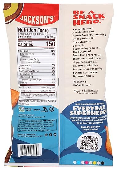 Jackson's Sweet Potato Chips, Avocado Oil, Sea Salt, Kettle Cooked CLEAN SNACK KETO SNACK NON GMO VEGAN GLUTEN FREE KOSHER PALEO SNACK 16 OZ 1 BAG