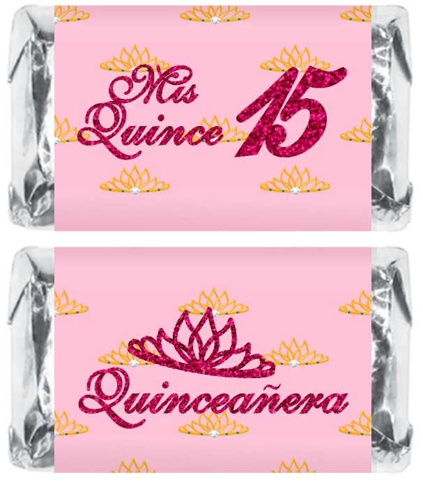 Mis Quince Miniature Candy Bar Wrapper, Quinceanera Mini Chocolate Bar Stickers for Sweet 15 Birthday Party, Table Top Event Decorations, (Set of 60)