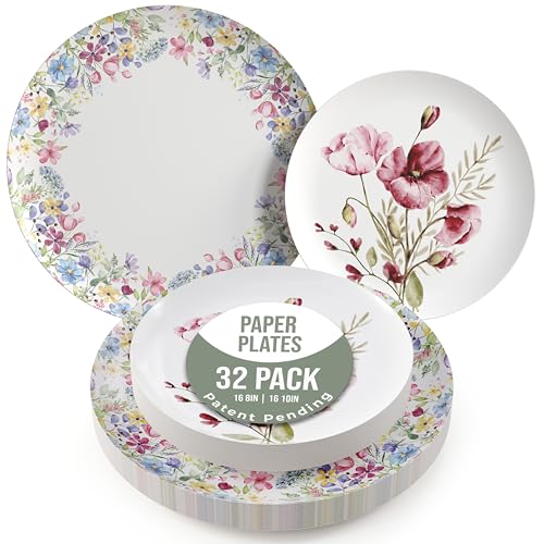 Trendables Heavy Duty Paper Plates Set For 16 Guests - 16 Each Of 8-inch And 10-inch Disposable Plates For Party - Fancy 32 Piece Dinnerware Set