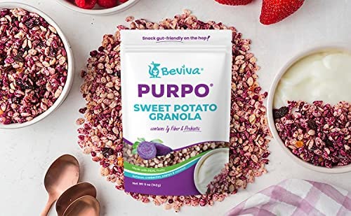Beviva's PURPO Granola: Vegan, gluten-free, prebiotic inulin, purple sweet potato, fruit, high fibre and low sugar, healthy snacks, ice cream/yogurt