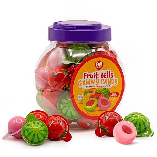 Fruit Gummy Balls Mix - 19 Ounce Jar (30 Count) - Jelly Filled Gummies - Individually Wrapped Gummy Candy - Watermelon, Strawberry, Peach - Chewy