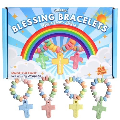 Cross Shaped Candy Bracelets, Individually Wrapped Edible Jewelry Treats, VBS or Sunday School Snacks, 24 Count, 10.16 Ounces