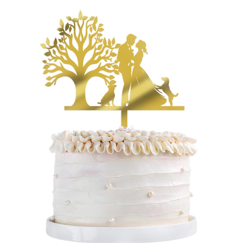 Acrylic Mr & Mrs Cake Topper -Wedding Engagement Bridal Shower Cake Topper,Bride Hold Groom with Flowers Besides 2 Pet Dogs Silhouette Cake