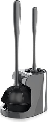 2 in 1 Toilet Brush and Plunger Set - Toilet Brush with Solid Handle, Stand and Holder for Deeply Cleaning in Bathrooms - Plastic Toilet Brush