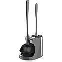 2 in 1 Toilet Brush and Plunger Set - Toilet Brush with Solid Handle, Stand and Holder for Deeply Cleaning in Bathrooms - Plastic Toilet Brush