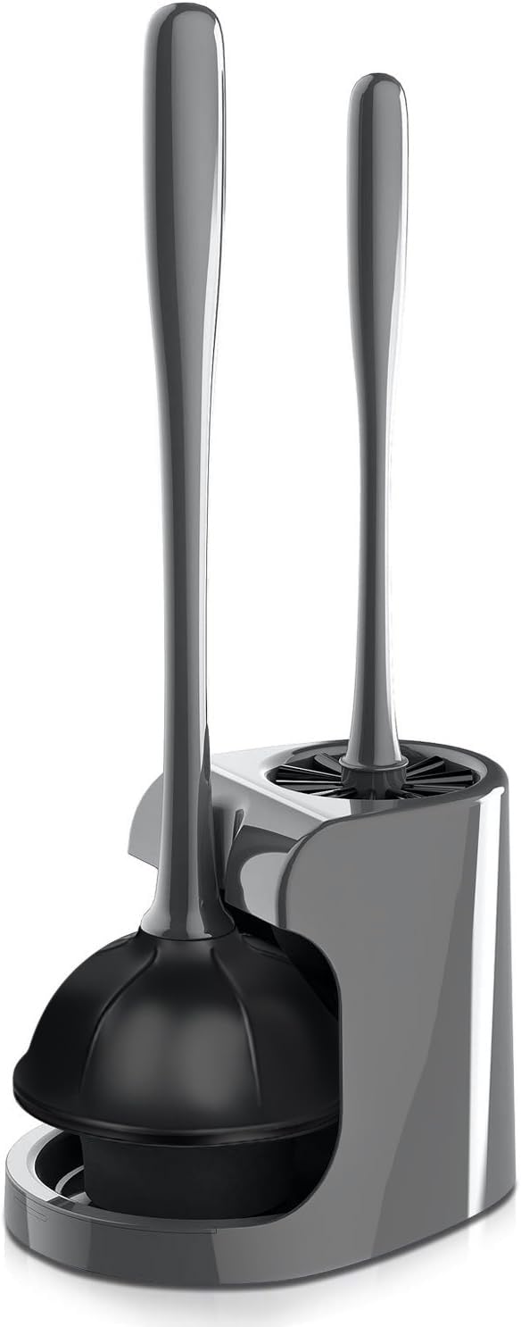 2 in 1 Toilet Brush and Plunger Set - Toilet Brush with Solid Handle, Stand and Holder for Deeply Cleaning in Bathrooms - Plastic Toilet Brush