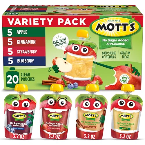 Mott's No Sugar Added Applesauce Variety Pack, 4 Flavors - Apple, Strawberry, Cinnamon & Blueberry, Made from Real Fruit, No Artificial Flavors, 3.2