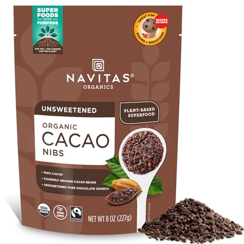 Navitas Organics Cacao Nibs - Unsweetened Dark Chocolate Crunch - Antioxidants, Minerals, Fiber - For Trail Mix, Baking & More - USDA Organic, Fairtrade, Non GMO, Gluten Free, Non-alkalized (8oz. Bag 76 Servings)