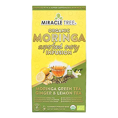 Miracle Tree's Moringa Energy Tea - Green Tea with Ginger & Lemon | Super Caffeinated Blend | Healthy Coffee Alternative, Perfect for Focus | Organic
