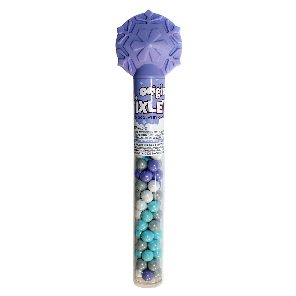 Original Chocolatey Candies in Cane with Snowflake Topper - 1.5 oz, Metallic White, Blue, Purple & Green Candies, Festive Lavender Tube for Holiday