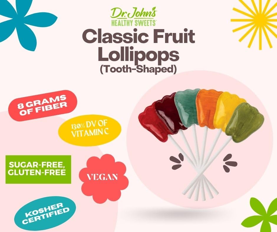 Dr. John’s Sugar Free Candy, Healthy Lollipops with Zero Sugar, Low Calorie Snacks, Keto Friendly Hard Candy Sweets, Classic Fruit Tooth, 60 Count, 1