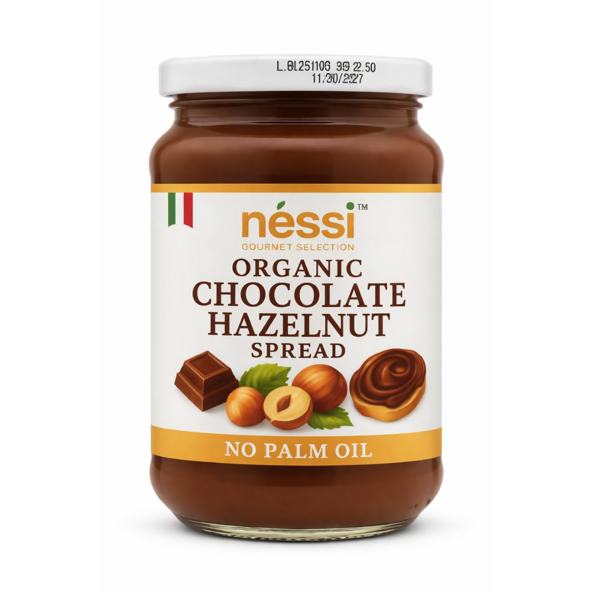 Néssi Organic Chocolate Hazelnut Spread, Gluten Free, No Palm Oil, Italian, 350g Glass Jar
