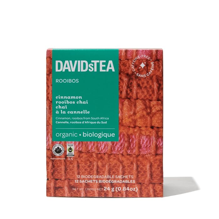 DAVIDsTEA Organic Cinnamon Rooibos Chai Tea Bags Caffeine-Free Herbal Tea with Rooibos, Apple & Cinnamon - 12 Count - Sweet, Spiced & Cozy Chai