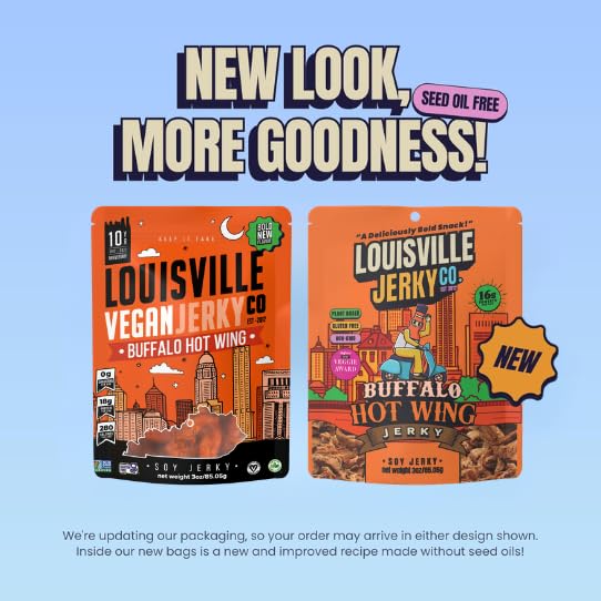 Louisville Vegan Jerky - Buffalo Hot Wing Vegan and Vegetarian Meat - Lip-Smacking Jerky - Gluten-Free High Protein Vegan Snacks 18 grams of Non-GMO