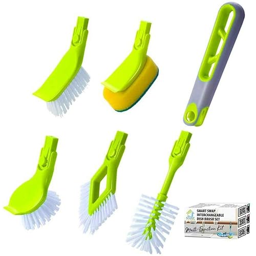 Guay Clean Kitchen Dish Brush Set with Handle and Scrapper - 4pc Brushes Includes: Rectangular, Round, Bottle, Corner, Bonus Scrub Sponge