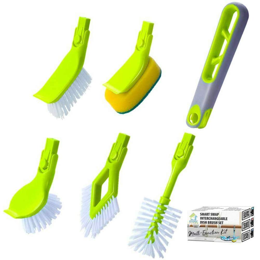 Guay Clean Kitchen Dish Brush Set with Handle and Scrapper - 4pc Brushes Includes: Rectangular, Round, Bottle, Corner, Bonus Scrub Sponge