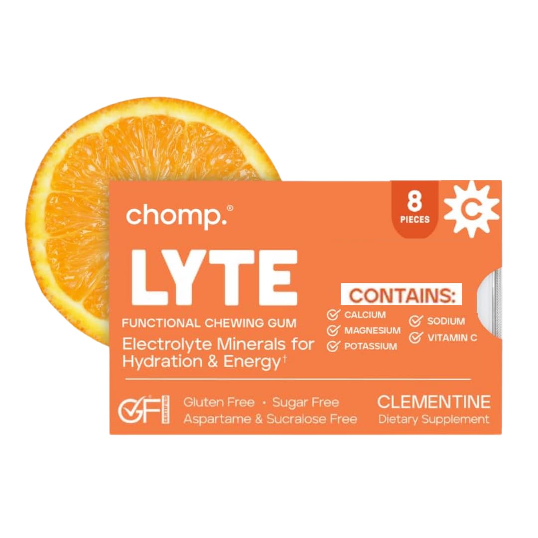 Chomp Gums LYTE Electrolyte Chewing Gum, Sugar-Free with Magnesium & Vitamin C, Aspartame & Sucralose Free, Clementine Flavor (1 Pack)