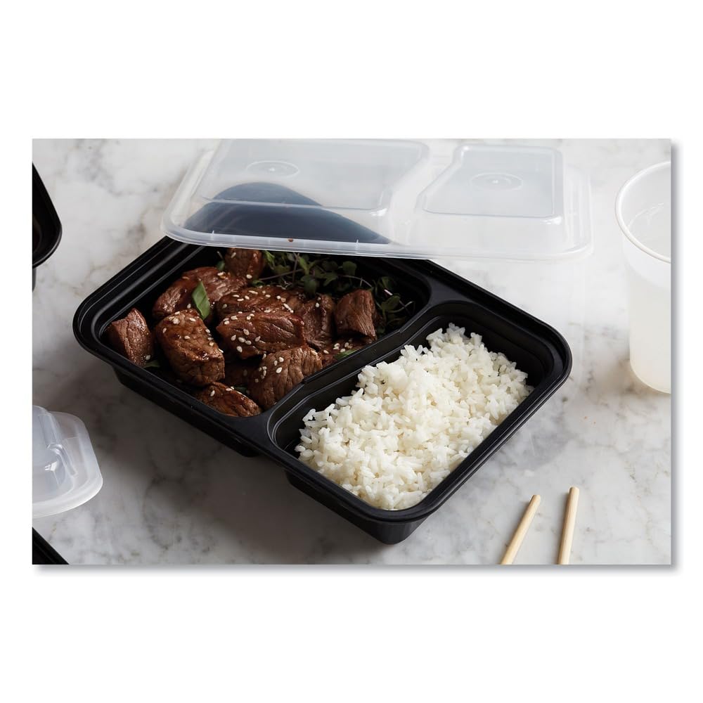 Pactiv Evergreen newspring versatainer microwavable containers, rectangular, 2-compartment, 30 oz, 6 x 8.5 x 2.5, black/clear, plastic, 150/ct