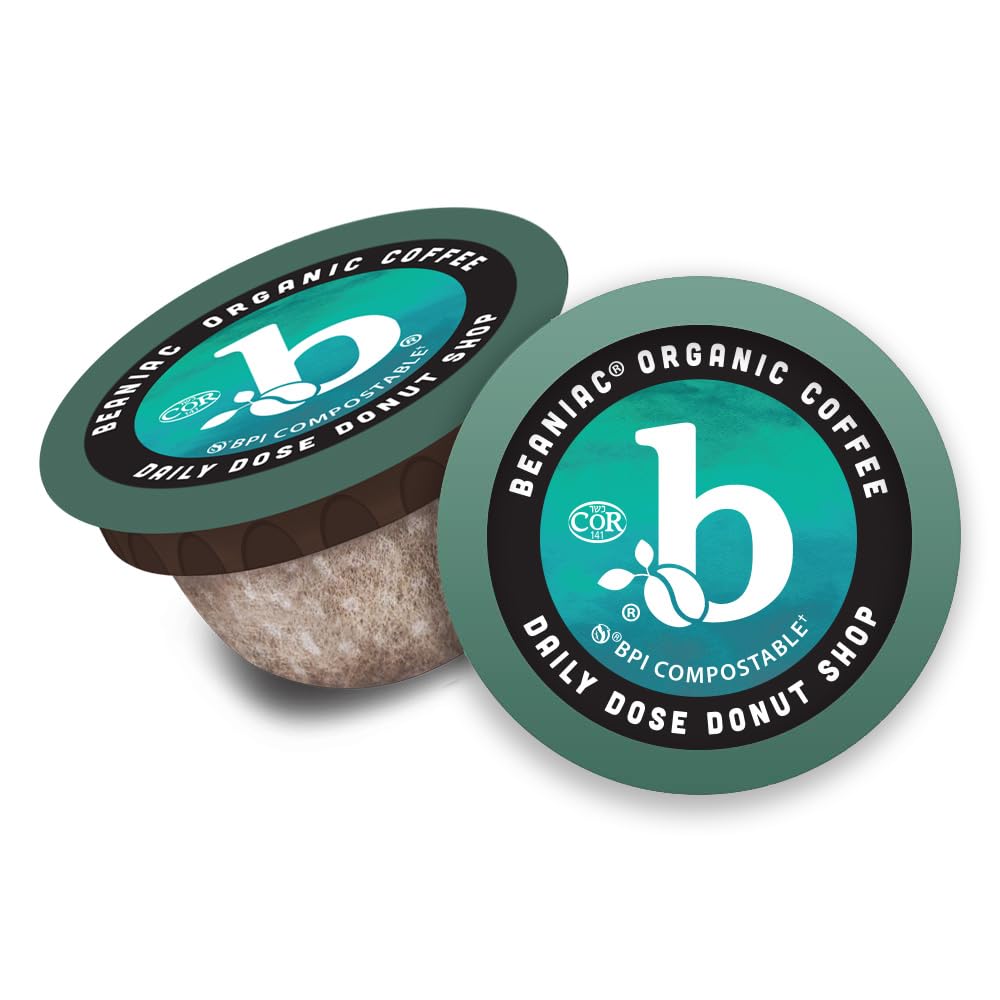 beaniac Organic Daily Dose Donut Shop, Light Roast, Single Serve Compostable K Cup Coffee Pods, Organic Arabica Coffee, Keurig Brewer Compatible, 30