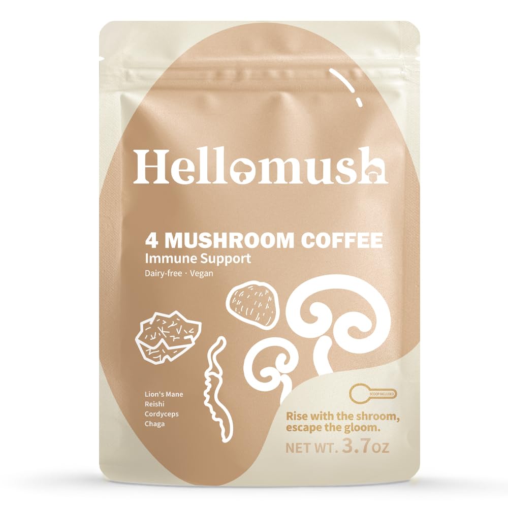 Hellomush Organic Instant Mushroom Coffee with Lions Mane, Reishi, Chaga and Cordyceps Coffee 30 Servings 3.7 oz