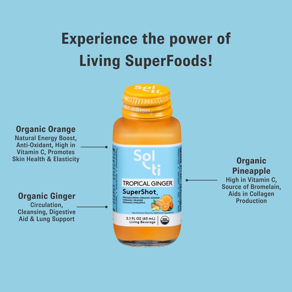 Sol-ti Organic Tropical Ginger SuperShot Drink, Aids in Collagen Production and Promotes Skin Elasticity, SuperFood, Cold-Pressed Fruit Juice Blend