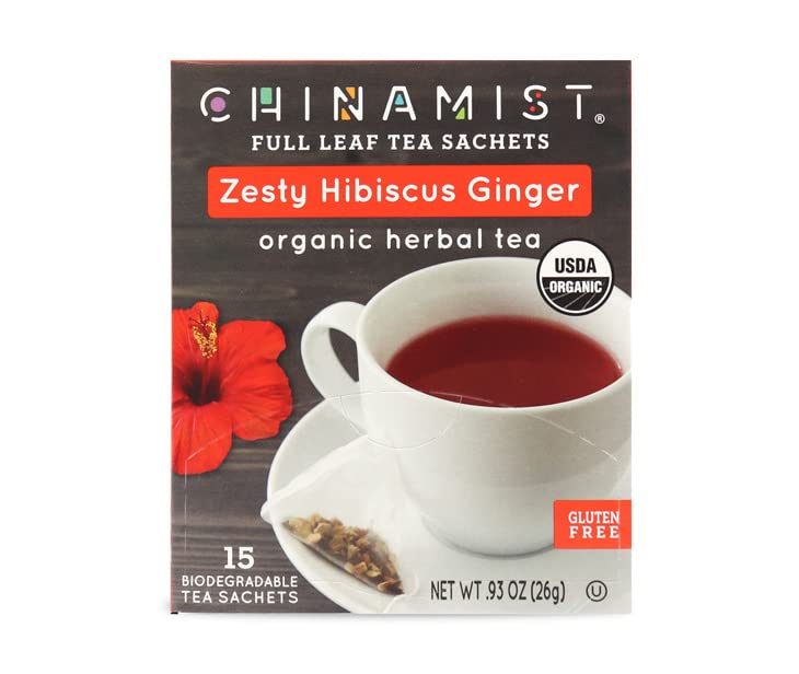 China Mist Zesty Hibiscus Ginger Organic Herbal Tea, 15 tea satchets