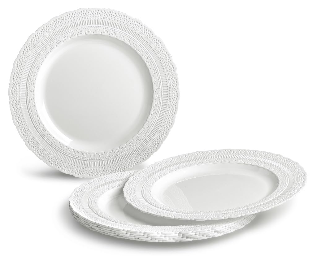 OCCASIONS 50 Fancy Disposable Plastic Plates for 25 Guests - Heavy Duty Wedding Party Dinnerware Set, 25x 11" Dinner +25x 8.25" Salad/Dessert, Looks