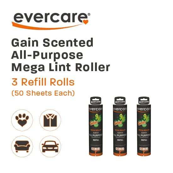 Evercare Pack of 3 Gain Scented All-Purpose Mega Lint Roller Refill Rolls, 50 Sheets Each