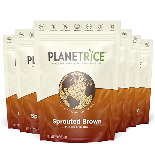 Planet Rice Bulk Sprouted Brown Rice - Great for Bulk Rice Cooking - Gaba Rice Gluten-Free, Vegan, Paleo, with 64% More Fiber - Soft and Chewy Texture - 22 Ounce (Pack of 6)