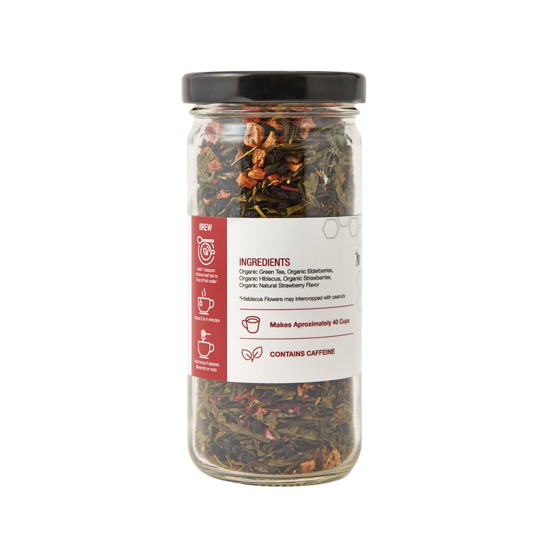 Strawberry Loose Leaf Green Tea, Pure Natural Herbal Tea Blend with Elderberry and Hibiscus (2 ounce)