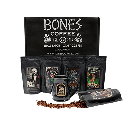 Bones Coffee Company Favorite Flavors Sample Pack Box Set with Specialty Coffee Mug, 5 Assorted Single-Origin Low Acid Medium Roast Arabica Beans