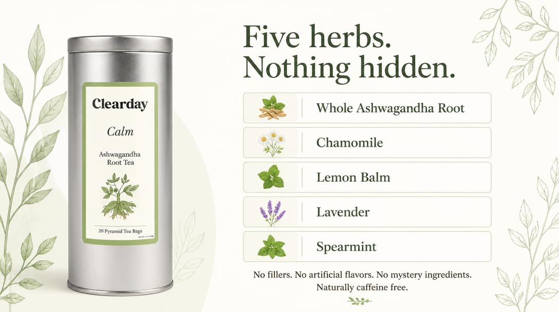 Clearday Calm Ashwagandha Tea with Chamomile, Lemon Balm & Spearmint | Herbal Stress Relief Tea for Daily Calm | 20 Pyramid Bags | Premium Tin